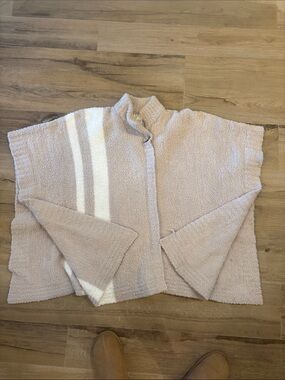 Barefoot Dreams Beige Bouclé Open Poncho with White Stripes